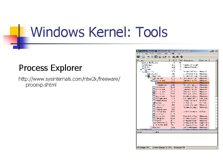 Windows Kernel: Tools Process Explorer http: //www. sysinternals. com/ntw 2 k/freeware/ procexp. shtml 