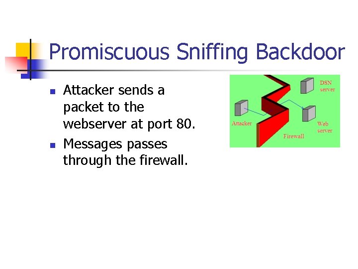 Promiscuous Sniffing Backdoor n n Attacker sends a packet to the webserver at port
