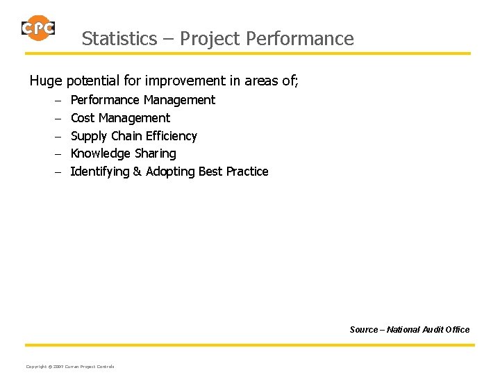 Statistics – Project Performance Huge potential for improvement in areas of; – Performance Management
