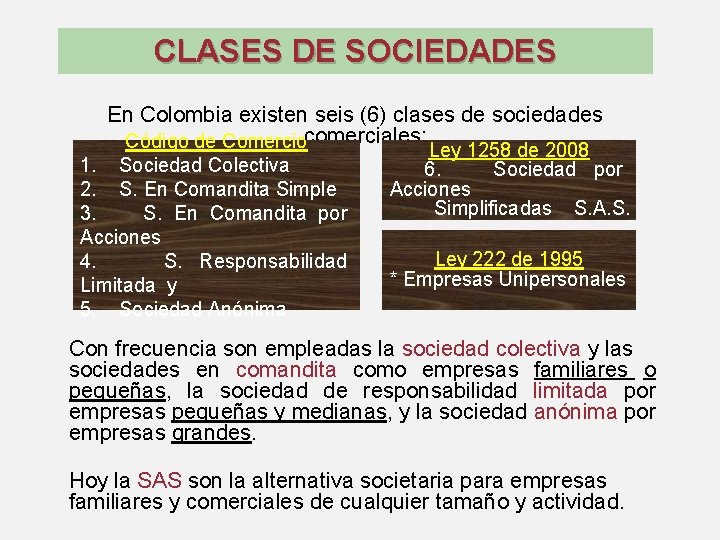 CLASES DE SOCIEDADES En Colombia existen seis (6) clases de sociedades Código de Comerciocomerciales:
