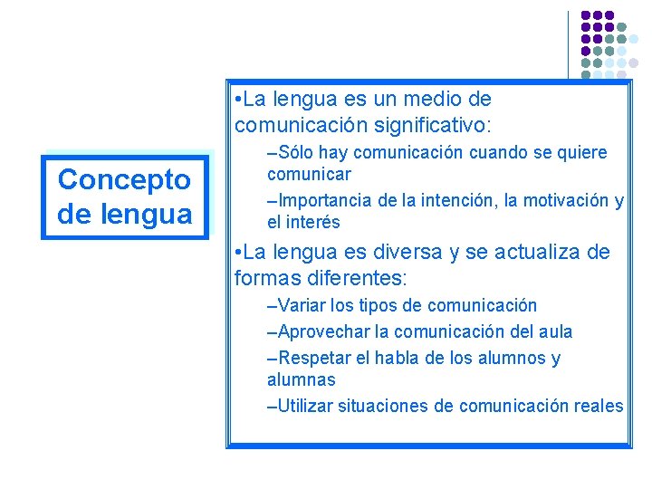  • La lengua es un medio de comunicación significativo: Concepto de lengua –Sólo