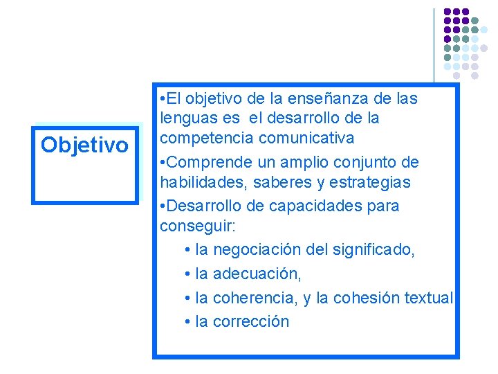 Objetivo • El objetivo de la enseñanza de las lenguas es el desarrollo de