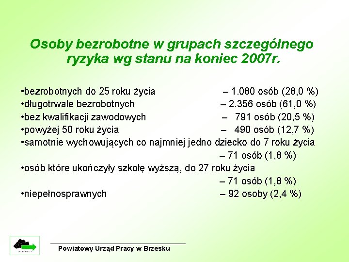 Osoby bezrobotne w grupach szczególnego ryzyka wg stanu na koniec 2007 r. • bezrobotnych