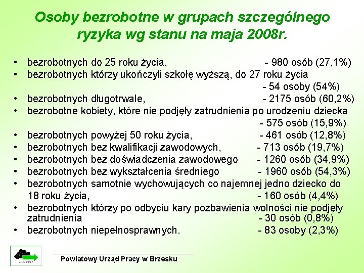 Osoby bezrobotne w grupach szczególnego ryzyka wg stanu na maja 2008 r. • bezrobotnych