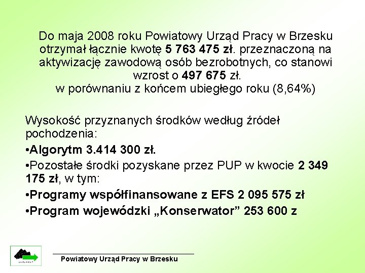 Do maja 2008 roku Powiatowy Urząd Pracy w Brzesku otrzymał łącznie kwotę 5 763
