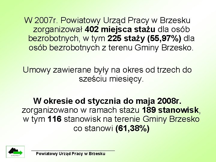 W 2007 r. Powiatowy Urząd Pracy w Brzesku zorganizował 402 miejsca stażu dla osób