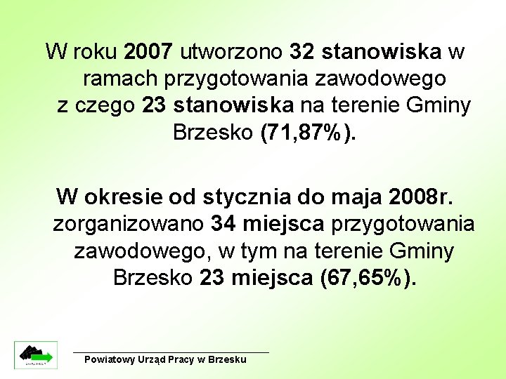 W roku 2007 utworzono 32 stanowiska w ramach przygotowania zawodowego z czego 23 stanowiska