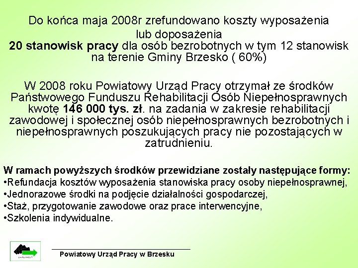 Do końca maja 2008 r zrefundowano koszty wyposażenia lub doposażenia 20 stanowisk pracy dla