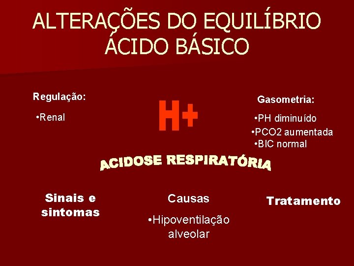 ALTERAÇÕES DO EQUILÍBRIO ÁCIDO BÁSICO Regulação: Gasometria: • Renal Sinais e sintomas • PH