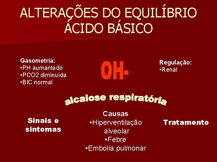 ALTERAÇÕES DO EQUILÍBRIO ÁCIDO BÁSICO Gasometria: • PH aumantado • PCO 2 diminuída •