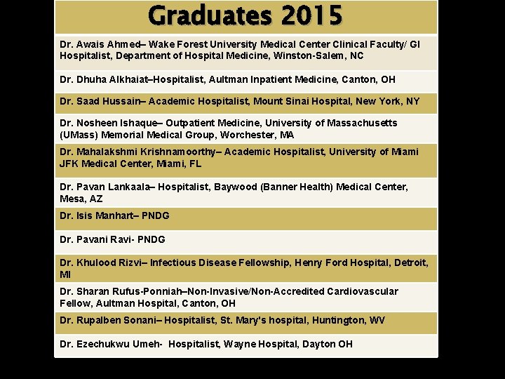 Graduates 2015 Dr. Awais Ahmed– Wake Forest University Medical Center Clinical Faculty/ GI Hospitalist,