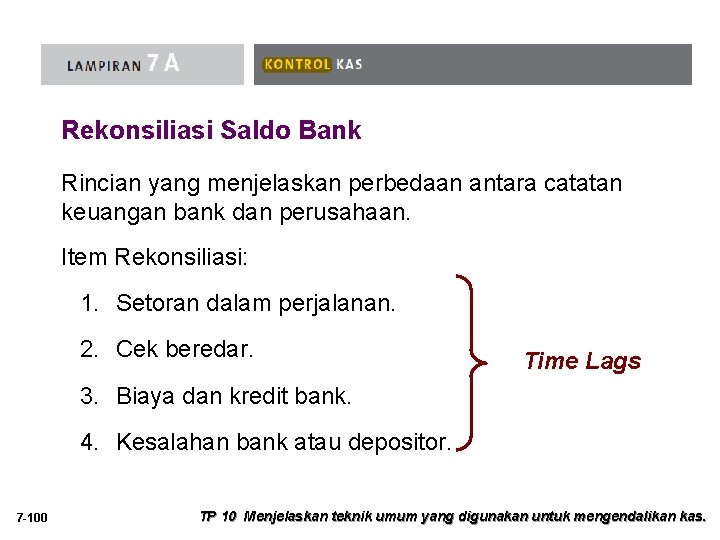 Rekonsiliasi Saldo Bank Rincian yang menjelaskan perbedaan antara catatan keuangan bank dan perusahaan. Item