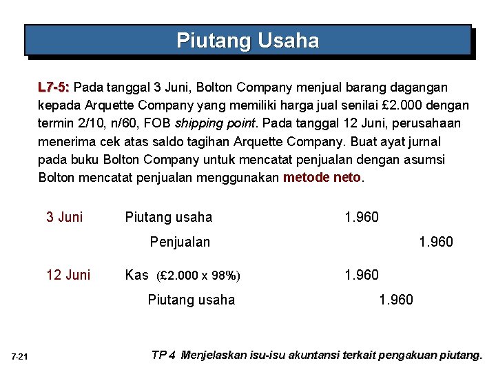 Piutang Usaha L 7 -5: Pada tanggal 3 Juni, Bolton Company menjual barang dagangan