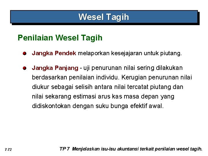 Wesel Tagih Penilaian Wesel Tagih Jangka Pendek melaporkan kesejajaran untuk piutang. Jangka Panjang -