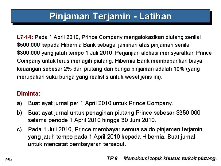 Pinjaman Terjamin - Latihan L 7 -14: Pada 1 April 2010, Prince Company mengalokasikan