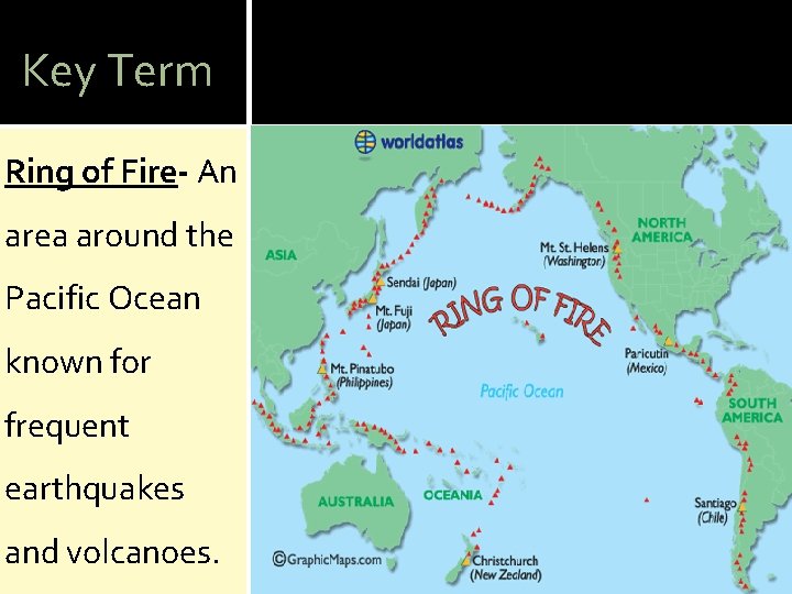 Key Term Ring of Fire- An area around the Pacific Ocean known for frequent