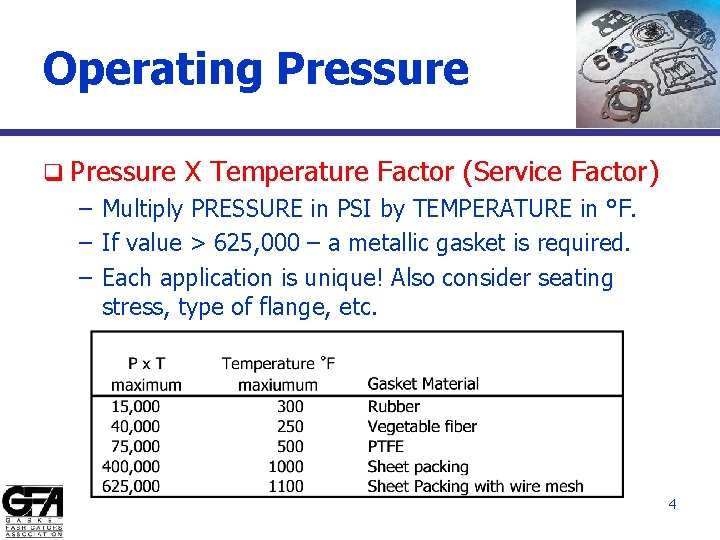 Operating Pressure q Pressure X Temperature Factor (Service Factor) – Multiply PRESSURE in PSI