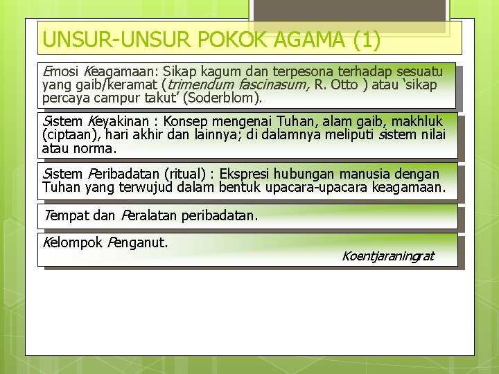 UNSUR-UNSUR POKOK AGAMA (1) Emosi Keagamaan: Sikap kagum dan terpesona terhadap sesuatu yang gaib/keramat UNSUR-UNSUR POKOK AGAMA (1) Emosi Keagamaan: Sikap kagum dan terpesona terhadap sesuatu yang gaib/keramat