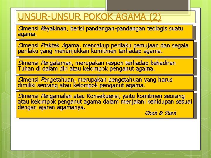 UNSUR-UNSUR POKOK AGAMA (2) Dimensi Keyakinan, berisi pandangan-pandangan teologis suatu agama. Dimensi Praktek Agama,