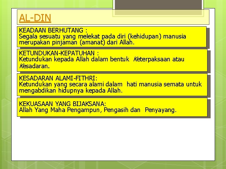 AL-DIN KEADAAN BERHUTANG : Segala sesuatu yang melekat pada diri (kehidupan) manusia merupakan pinjaman