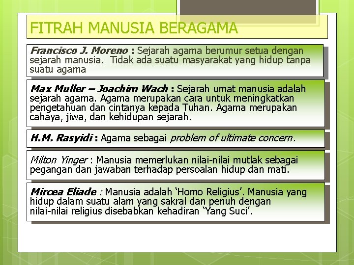 FITRAH MANUSIA BERAGAMA Francisco J. Moreno : Sejarah agama berumur setua dengan sejarah manusia. FITRAH MANUSIA BERAGAMA Francisco J. Moreno : Sejarah agama berumur setua dengan sejarah manusia.