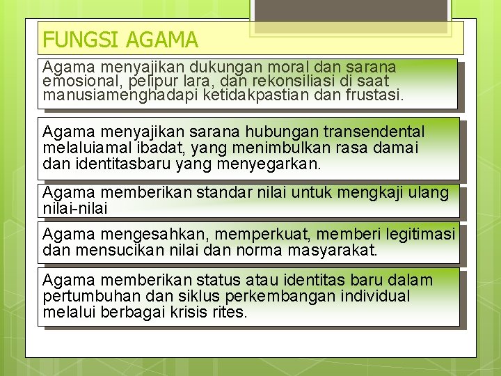 FUNGSI AGAMA Agama menyajikan dukungan moral dan sarana emosional, pelipur lara, dan rekonsiliasi di