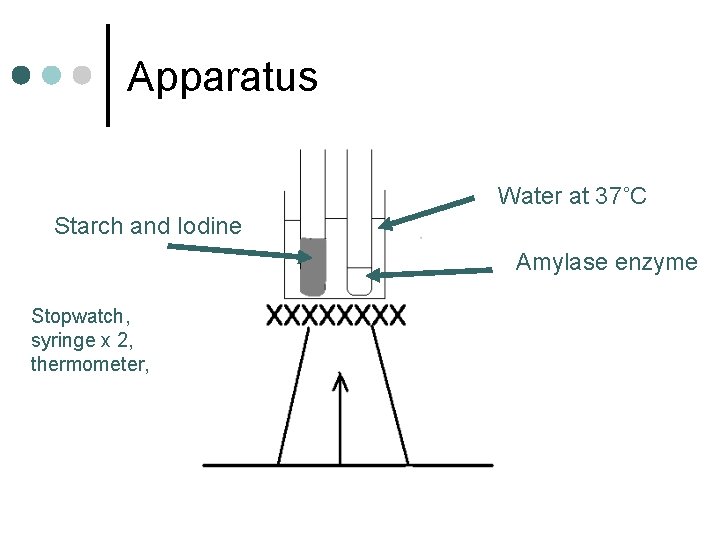 Apparatus Water at 37˚C Starch and Iodine Amylase enzyme Stopwatch, syringe x 2, thermometer,