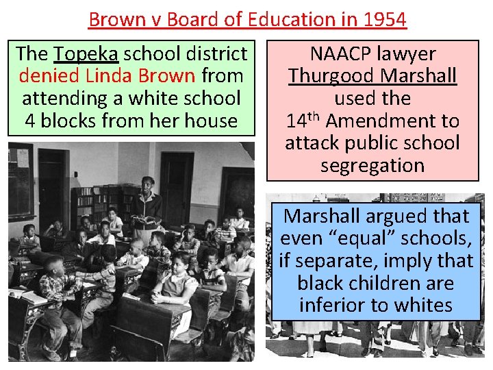 Brown v Board of Education in 1954 The Topeka school district denied Linda Brown