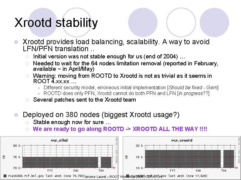 Xrootd stability l Xrootd provides load balancing, scalability. A way to avoid LFN/PFN translation.