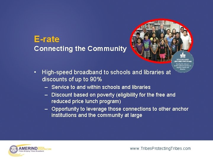 E-rate Connecting the Community • High-speed broadband to schools and libraries at discounts of