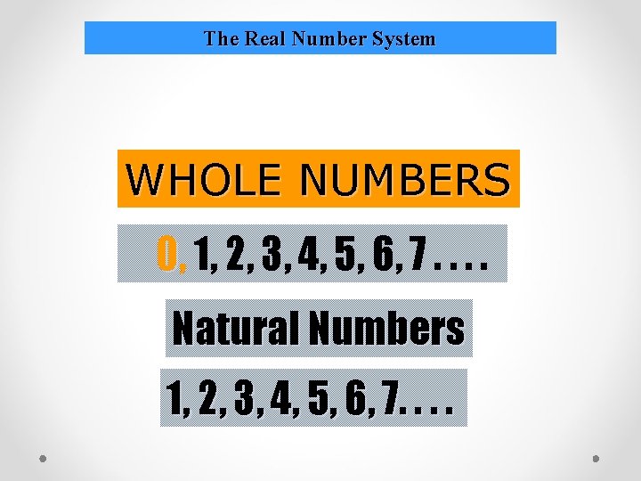 The Real Number System WHOLE NUMBERS O, 1, 2, 3, 4, 5, 6, 7.