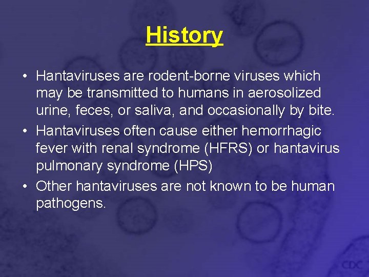 History • Hantaviruses are rodent-borne viruses which may be transmitted to humans in aerosolized