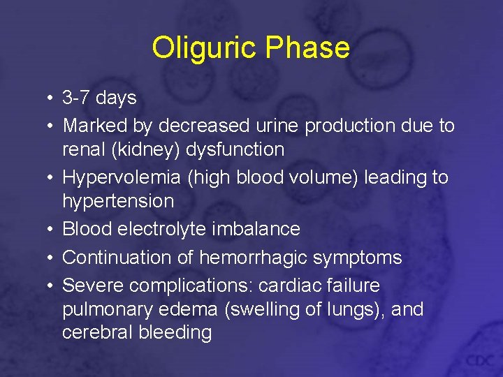 Oliguric Phase • 3 -7 days • Marked by decreased urine production due to