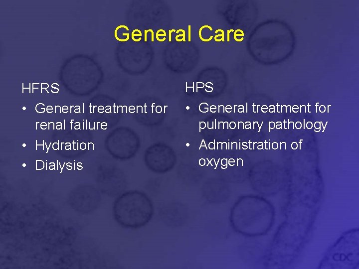 General Care HFRS • General treatment for renal failure • Hydration • Dialysis HPS