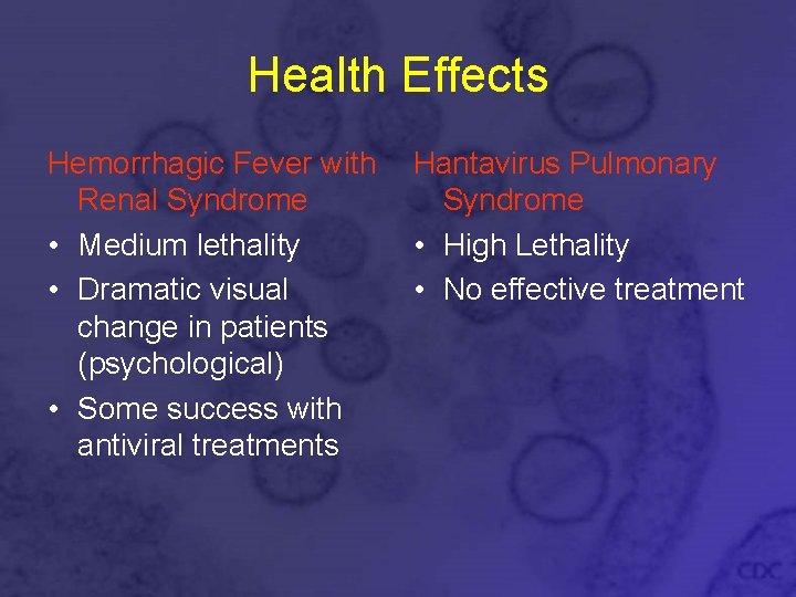 Health Effects Hemorrhagic Fever with Renal Syndrome • Medium lethality • Dramatic visual change