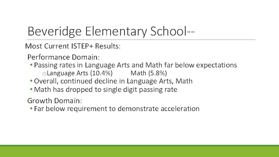 Beveridge Elementary School-Most Current ISTEP+ Results: Performance Domain: • Passing rates in Language Arts