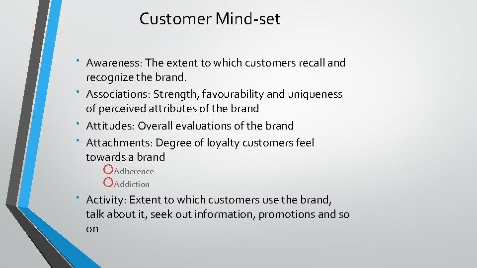 Customer Mind-set Awareness: The extent to which customers recall and recognize the brand. Associations: