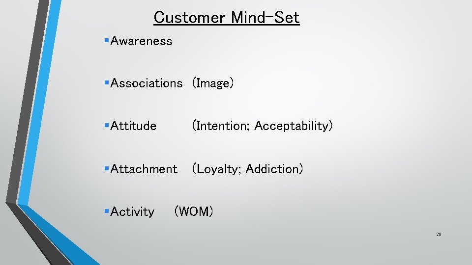 Customer Mind-Set §Awareness §Associations (Image) §Attitude (Intention; Acceptability) §Attachment (Loyalty; Addiction) §Activity (WOM) 28