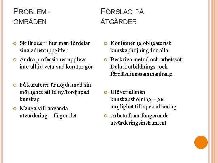 PROBLEM- FÖRSLAG PÅ OMRÅDEN ÅTGÄRDER Skillnader i hur man fördelar sina arbetsuppgifter Andra professioner