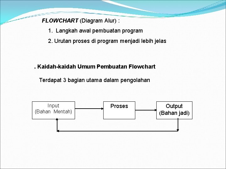FLOWCHART (Diagram Alur) : 1. Langkah awal pembuatan program 2. Urutan proses di program FLOWCHART (Diagram Alur) : 1. Langkah awal pembuatan program 2. Urutan proses di program