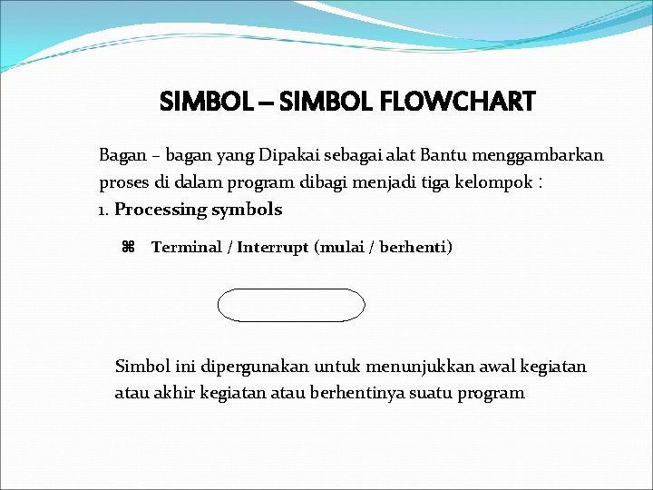 SIMBOL – SIMBOL FLOWCHART Bagan – bagan yang Dipakai sebagai alat Bantu menggambarkan proses SIMBOL – SIMBOL FLOWCHART Bagan – bagan yang Dipakai sebagai alat Bantu menggambarkan proses