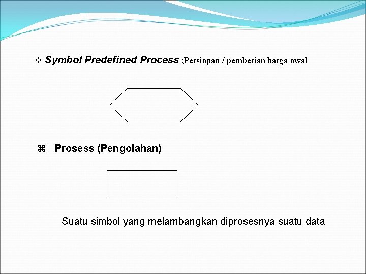 v Symbol Predefined Process ; Persiapan / pemberian harga awal z Prosess (Pengolahan) Suatu v Symbol Predefined Process ; Persiapan / pemberian harga awal z Prosess (Pengolahan) Suatu