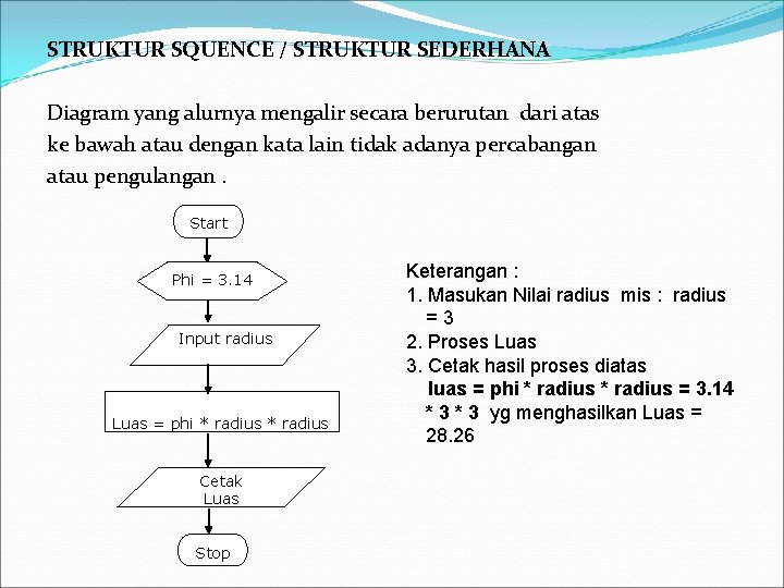 STRUKTUR SQUENCE / STRUKTUR SEDERHANA Diagram yang alurnya mengalir secara berurutan dari atas ke STRUKTUR SQUENCE / STRUKTUR SEDERHANA Diagram yang alurnya mengalir secara berurutan dari atas ke