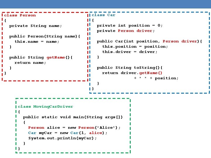 class Person { private String name; class Car { private int position = 0;