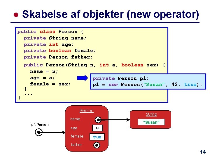 ● Skabelse af objekter (new operator) public class Person { private String name; private