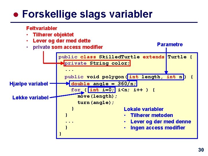 ● Forskellige slags variabler Feltvariabler • Tilhører objektet • Lever og dør med dette