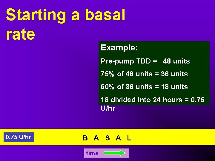 Starting a basal rate Example: Pre-pump TDD = 48 units 75% of 48 units