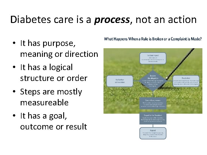 Diabetes care is a process, not an action • It has purpose, meaning or