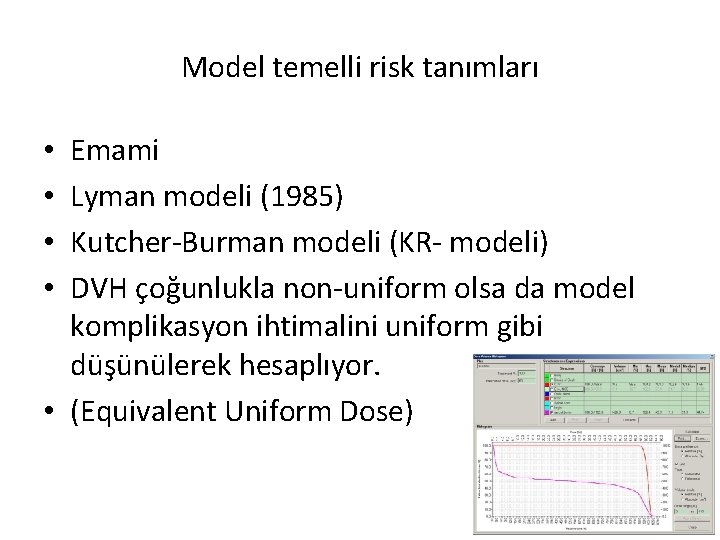 Model temelli risk tanımları Emami Lyman modeli (1985) Kutcher-Burman modeli (KR- modeli) DVH çoğunlukla