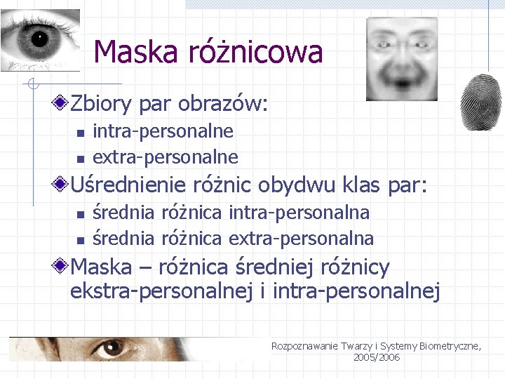 Maska różnicowa Zbiory par obrazów: n n intra-personalne extra-personalne Uśrednienie różnic obydwu klas par: